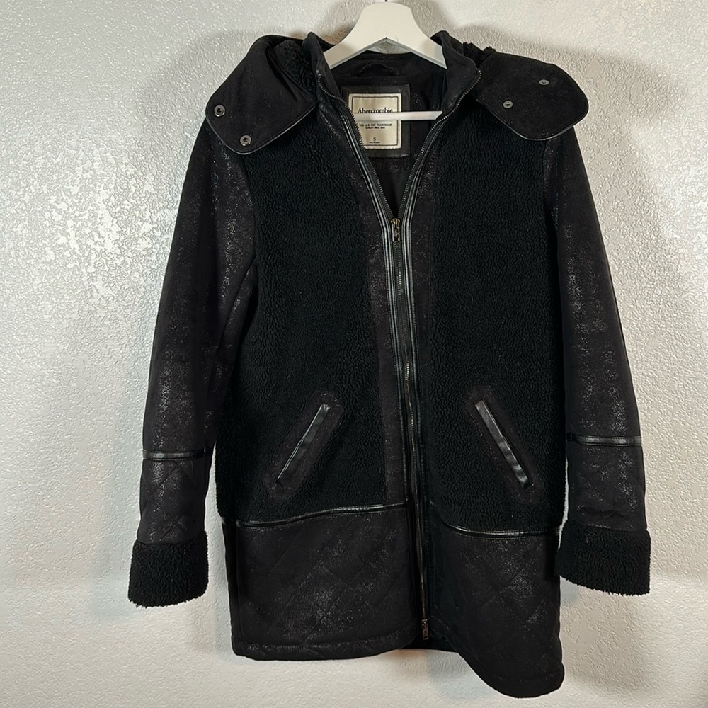 Abercrombie & Fitch Black Long Line Sherpa Faux Suede 2 Way Zip Winter Coat